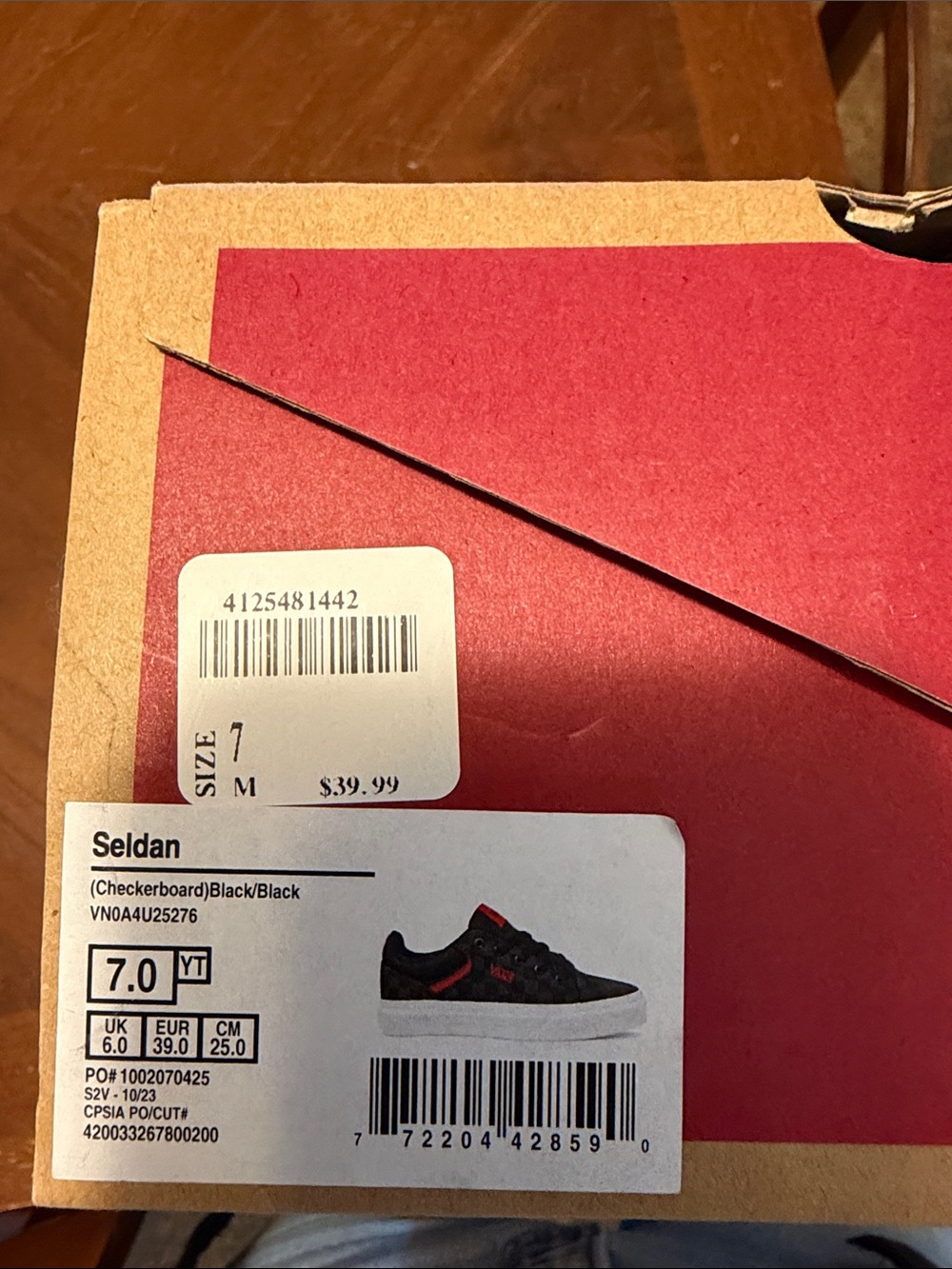 Vans Black Checkerboard Low-Top Sneakers with Red Accents - Picture 2 of 4